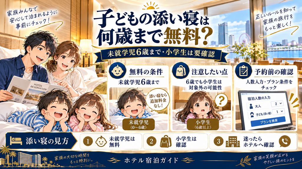 日和ホテル舞浜：「子どもの添い寝は何歳まで無料で使えるのか？」の案内イラスト