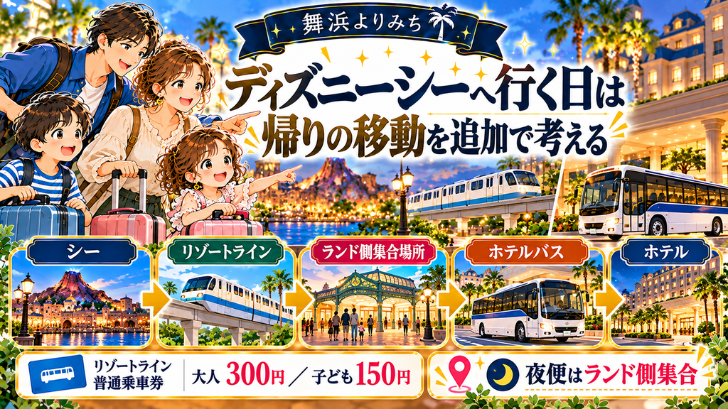 東横INN東西線西葛西:「ディズニーシーへ行く日は、帰りの移動を追加で考える」の案内イラスト