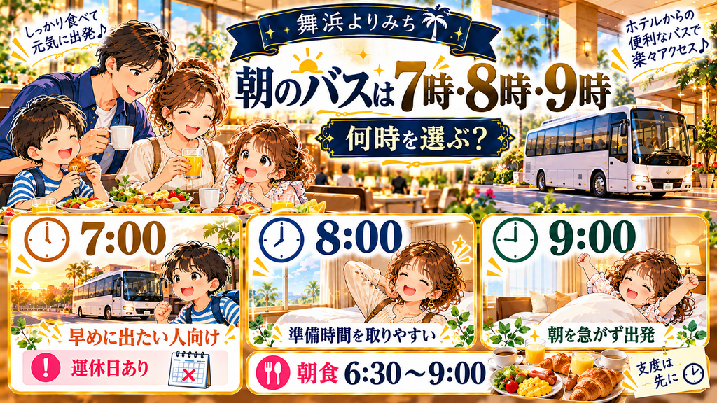 東横INN東西線西葛西:「朝のバスは7時・8時・9時。何時を選ぶ?」の案内イラスト