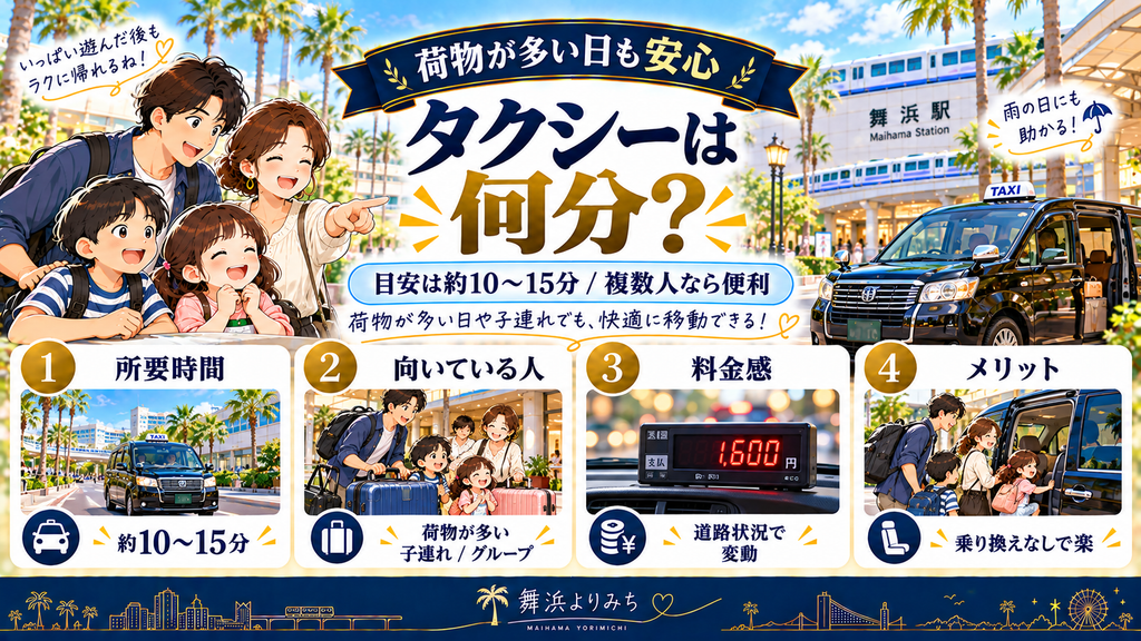 フレックステイイン新浦安:「タクシーを使うと何分・どれくらいの目安になるのか?」の案内イラスト