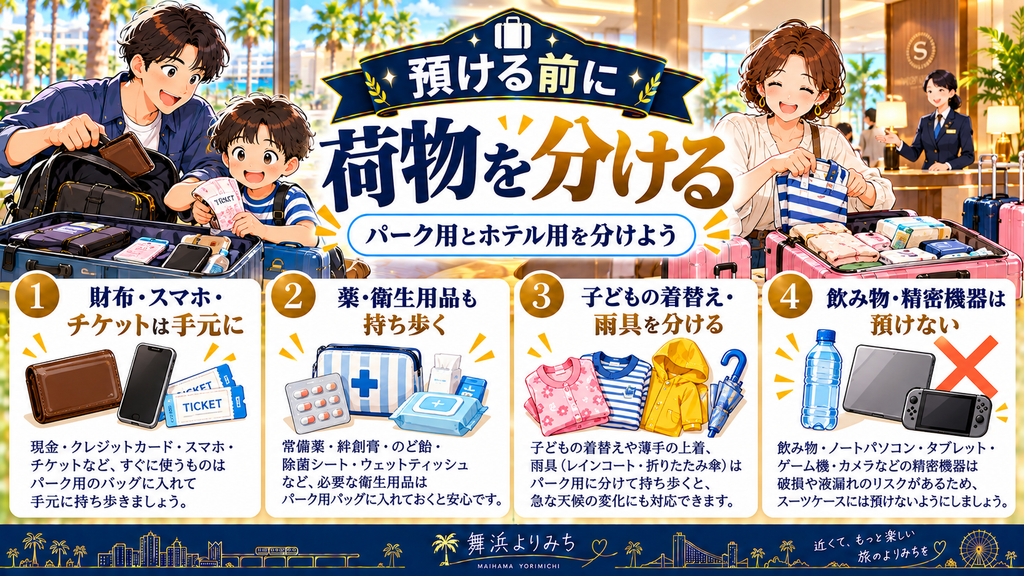 シェラトン・グランデ・トーキョーベイ・ホテル:「荷物を預ける前に、パーク用とホテル用を分ける」の案内イラスト