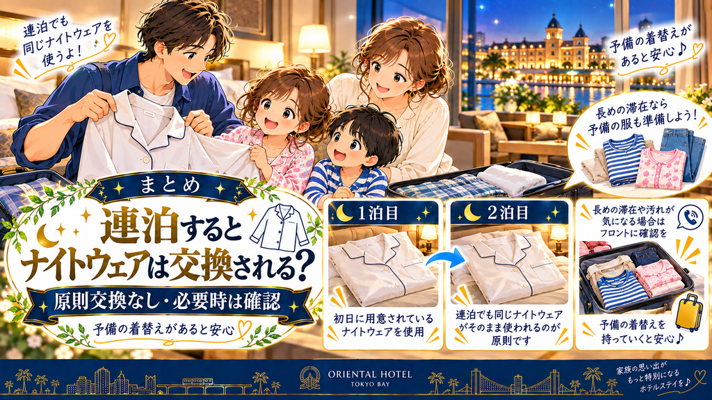 オリエンタルホテル東京ベイ:「連泊するとナイトウェアは交換されるのか?」の案内イラスト