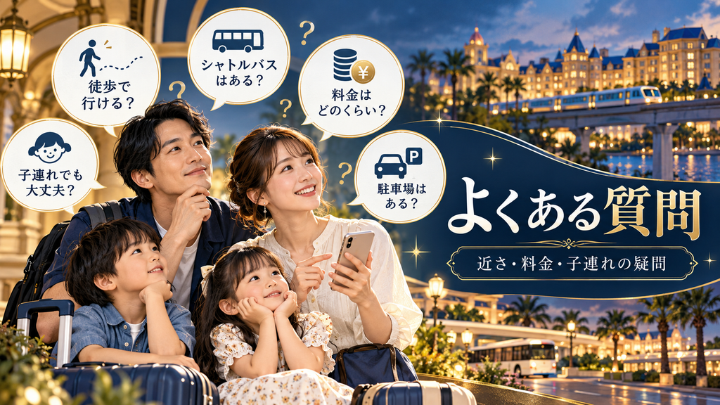 ディズニー周辺ホテルの利用に関するよくある質問をまとめたイラスト