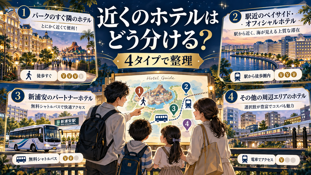 ディズニー周辺ホテル：「ディズニーの近くのホテルはどう分けて考えればいいのか？」の案内イラスト