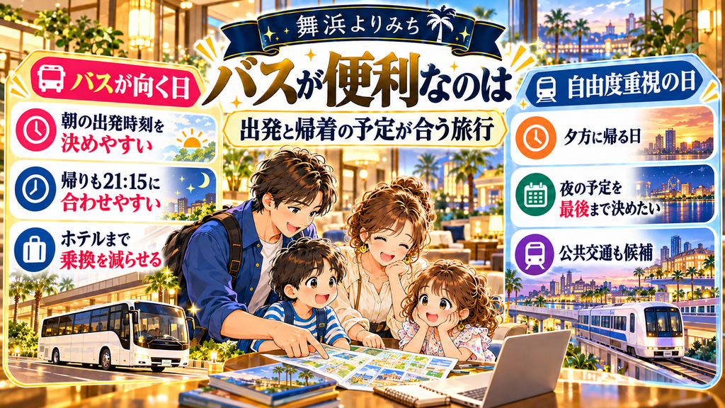 東横INN東西線西葛西:「バスが便利なのは、出発と帰着の予定が合う旅行」の案内イラスト