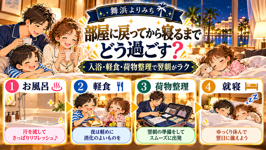 ディズニー後泊の過ごし方:「部屋に戻ってから寝るまでの時間はどう過ごせばいいのか?」の案内イラスト