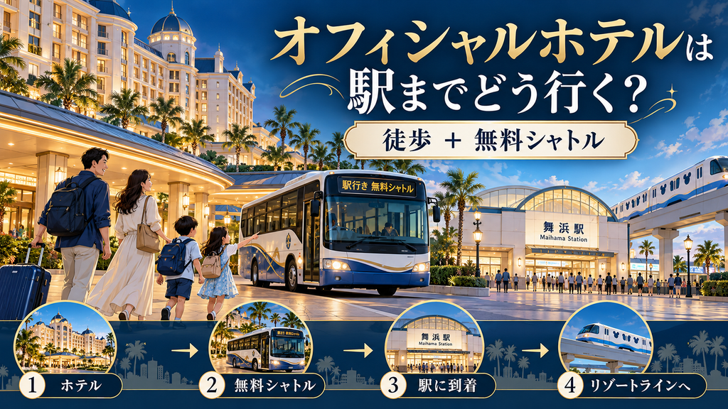 ディズニー周辺ホテル：「オフィシャルホテルは駅までどうやって行くのか？」の案内イラスト