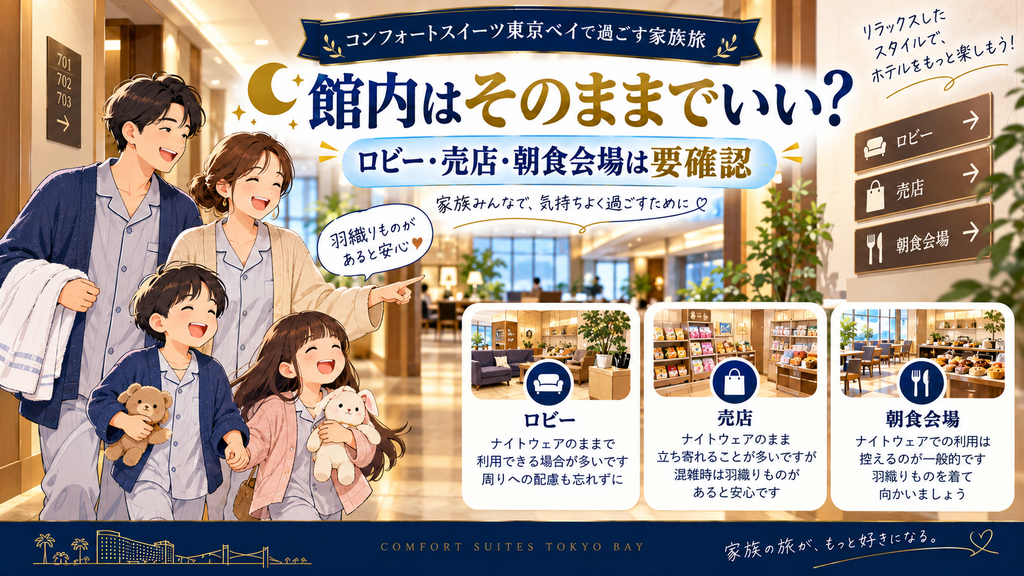 ナイトウェア姿でホテル館内を移動する場面を表すイメージイラスト