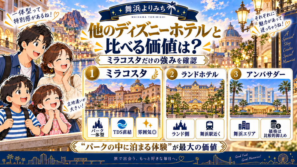 ミラコスタとほかのディズニーホテルの立地や条件を比較する図解