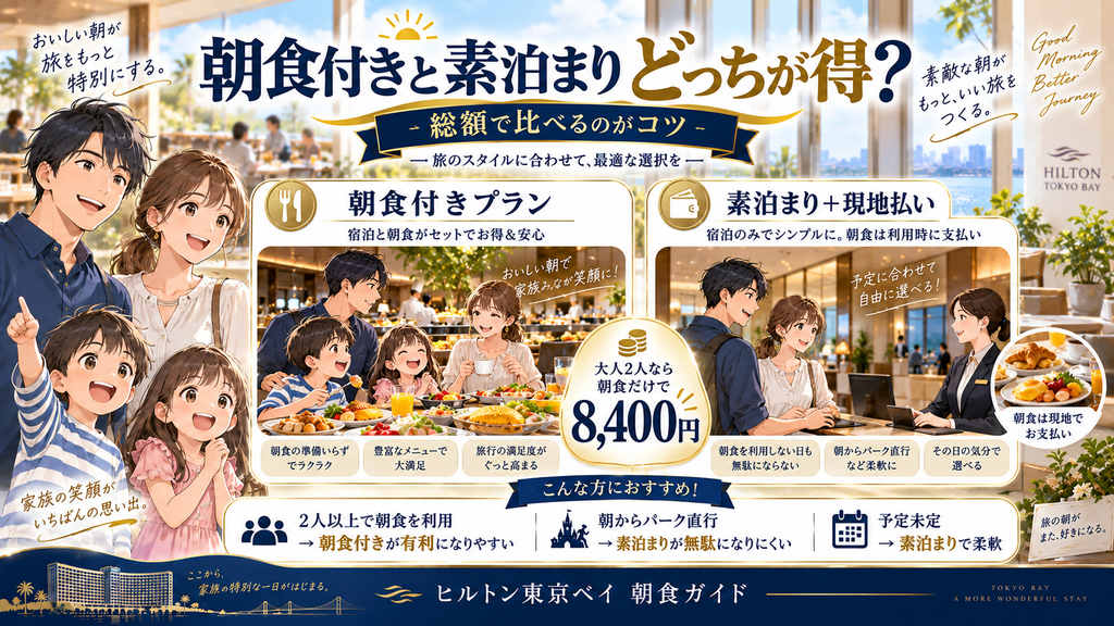 ヒルトン東京ベイの朝食付きプランと素泊まりの総額を比較する図解