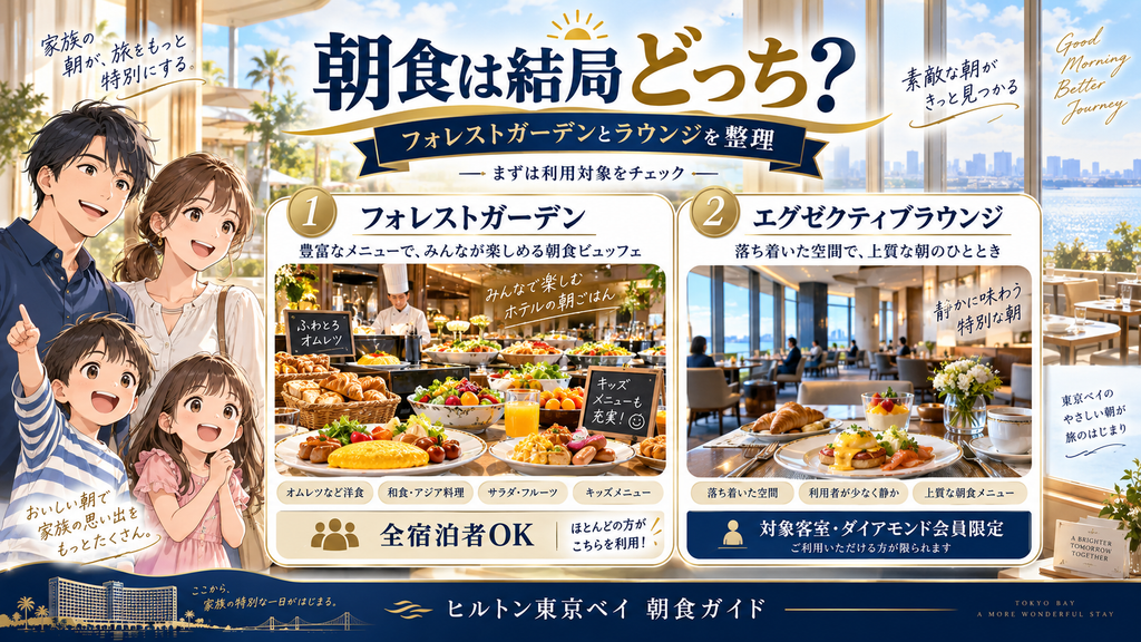 ヒルトン東京ベイのフォレストガーデンとラウンジ朝食を比較する図解