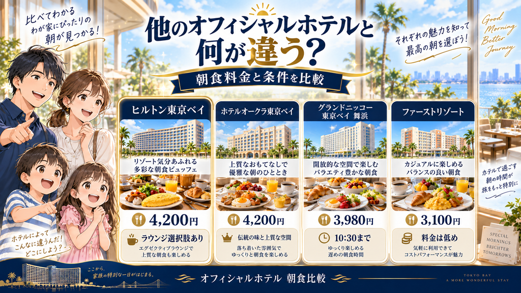 ディズニーオフィシャルホテルの朝食料金と条件を比較する図解