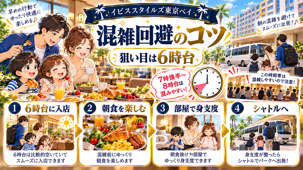 イビススタイルズ東京ベイ：「朝食で混雑を避けるにはどう動けばいいのか？」の案内イラスト