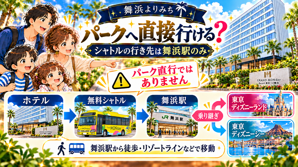 GRAND MONday Resort東京ベイ舞浜：「東京ディズニーランドやディズニーシーまで直接行けるのか？」の案内イラスト