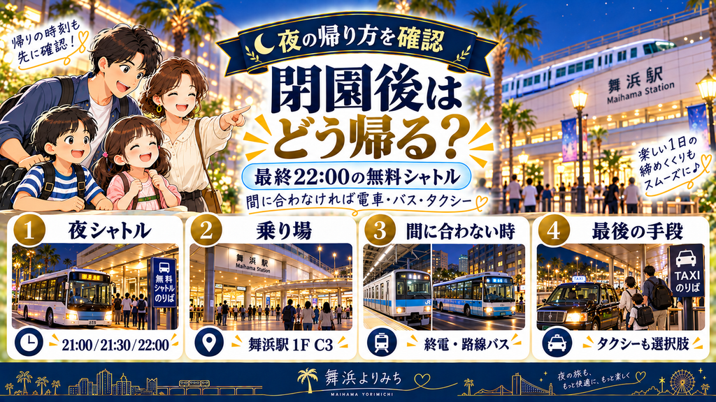 フレックステイイン新浦安:「閉園後の遅い時間はどう帰ればいいのか?」の案内イラスト