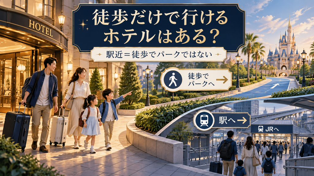 ディズニー周辺ホテル：「徒歩だけで行けるホテルはあるのか？」の案内イラスト