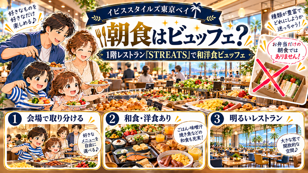 「イビススタイルズ東京ベイの朝食は本当にビュッフェなのか？」の案内イラスト