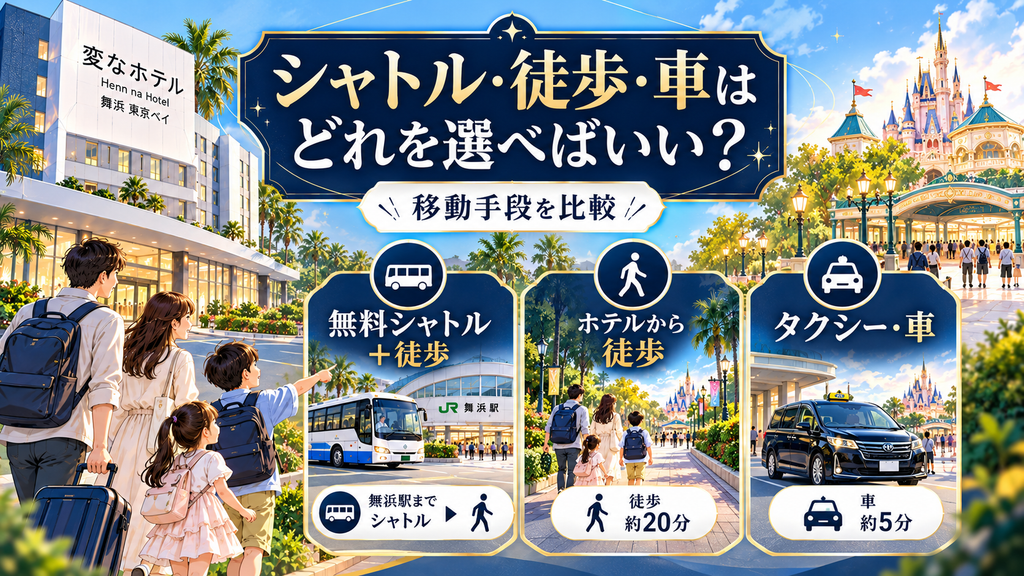 変なホテル舞浜 東京ベイ：「シャトル・徒歩・車はどれを選べばいい？」の案内イラスト