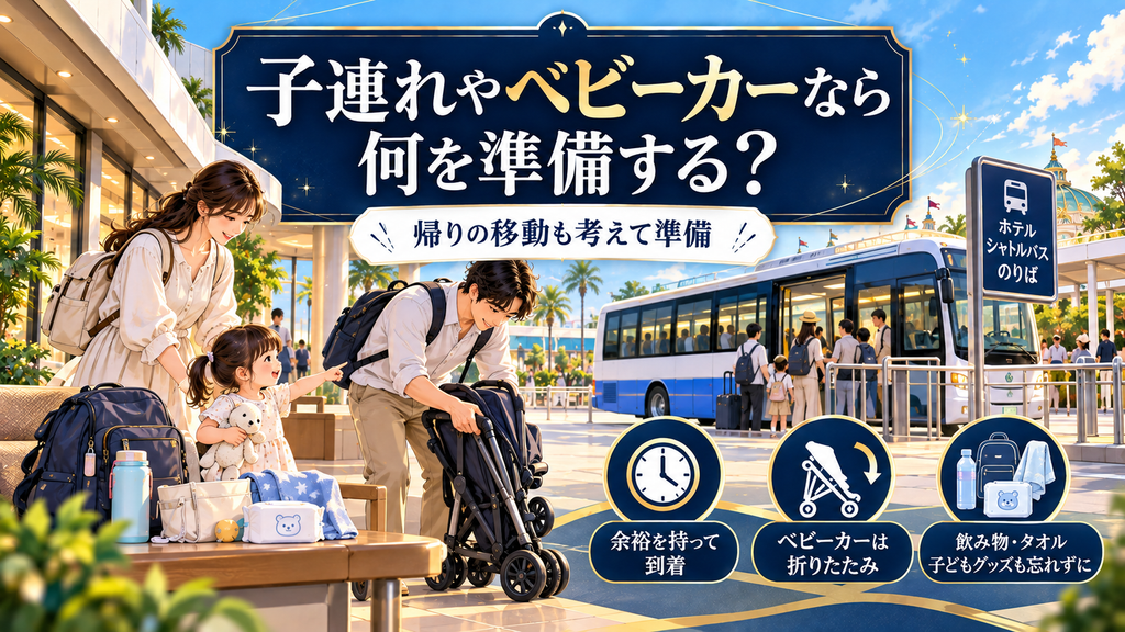 変なホテル舞浜 東京ベイ：「子連れやベビーカーなら何を準備する？」の案内イラスト
