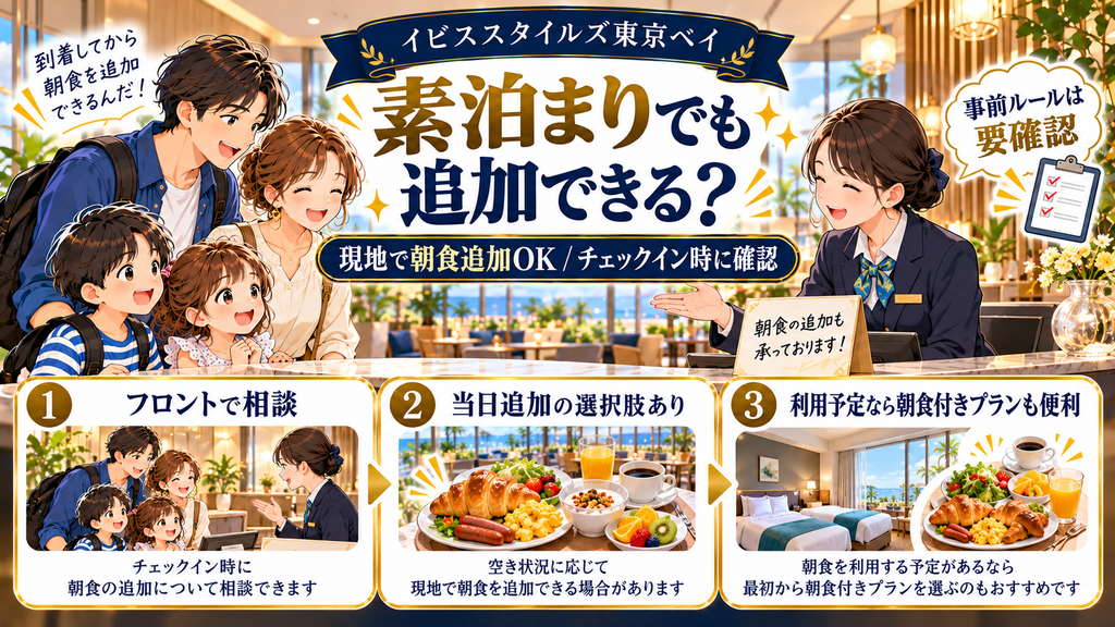イビススタイルズ東京ベイ：「素泊まりで予約していても当日から朝食を追加できるのか？」の案内イラスト