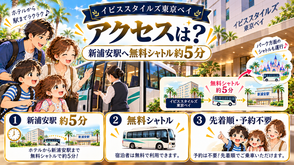 イビススタイルズ東京ベイ：「新浦安駅やディズニーへのアクセスはどうなっているのか？」の案内イラスト