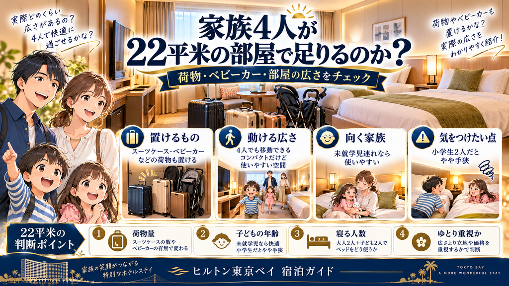 日和ホテル舞浜：「家族4人が22平米の部屋で足りるのか？」の案内イラスト