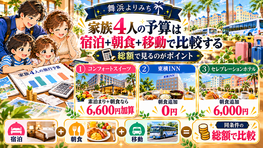 ディズニー周辺の小学生添い寝無料ホテル:「家族4人の予算は「宿泊+朝食+移動」で比較する」の案内イラスト
