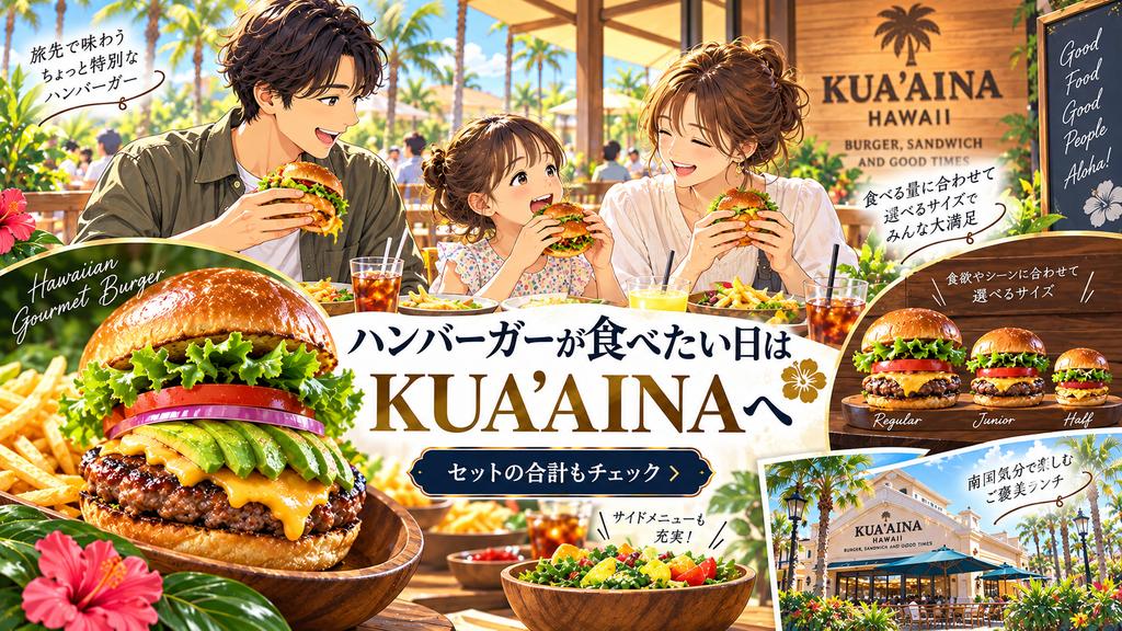 クア・アイナでハンバーガーを食べる家族のイラスト