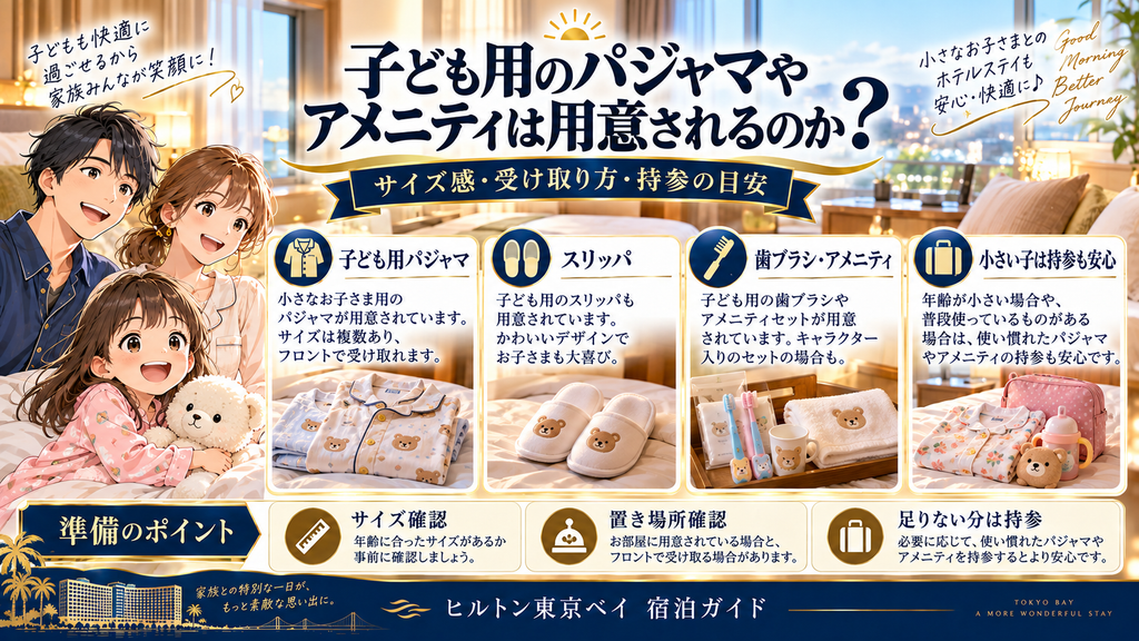 日和ホテル舞浜：「子ども用のパジャマやアメニティは用意されるのか？」の案内イラスト