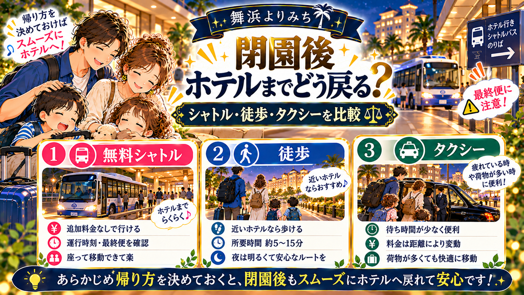 ディズニー後泊の過ごし方:「閉園後からホテルに戻るまでどう過ごせばいいのか?」の案内イラスト
