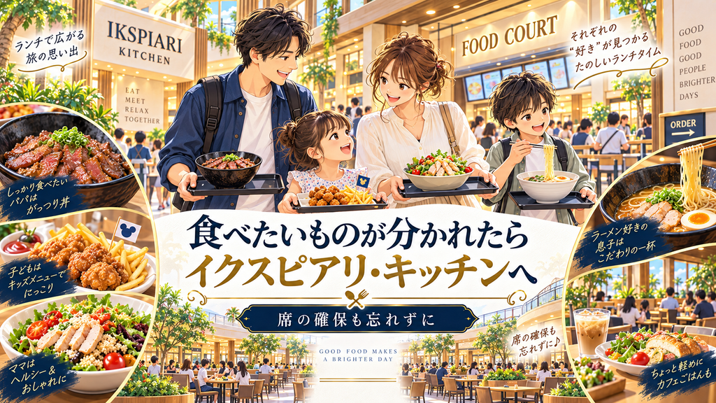 イクスピアリ・キッチンのフードコートで料理を選ぶ家族のイラスト