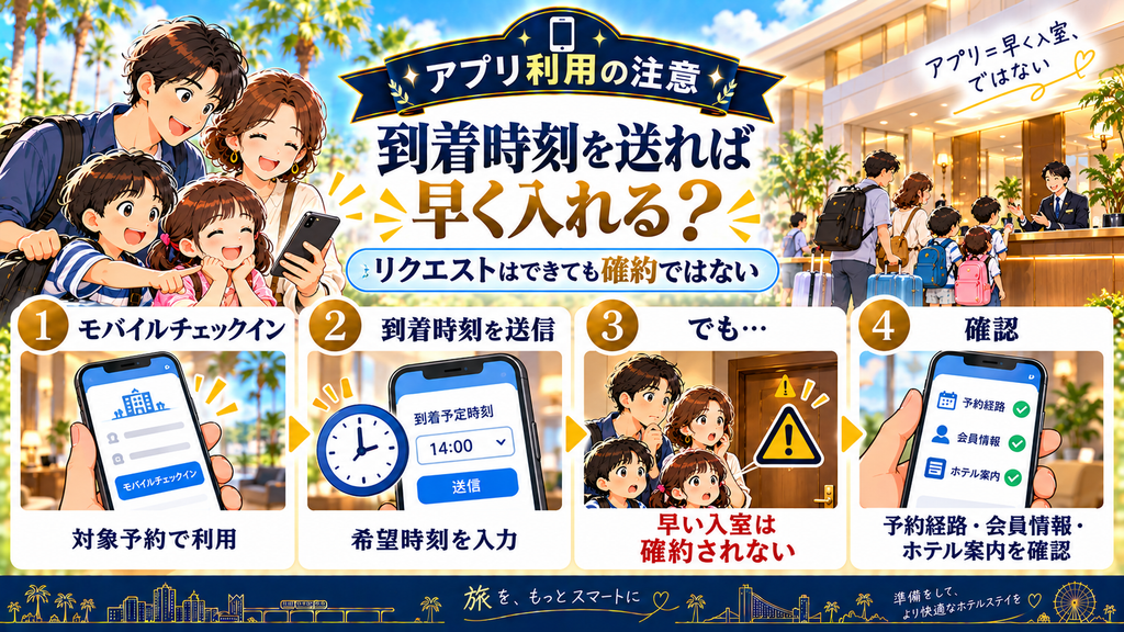 シェラトン・グランデ・トーキョーベイ・ホテル:「事前チェックイン・アーリーチェックイン・アプリの違い」の案内イラスト