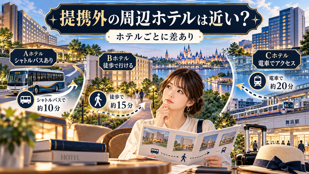 ディズニー周辺ホテル：「提携外の周辺ホテルは近いと言えるのか？」の案内イラスト