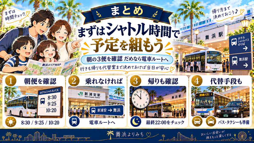 フレックステイイン新浦安:「まとめ、まずは無料シャトルの時間に合わせて予定を組もう」の案内イラスト