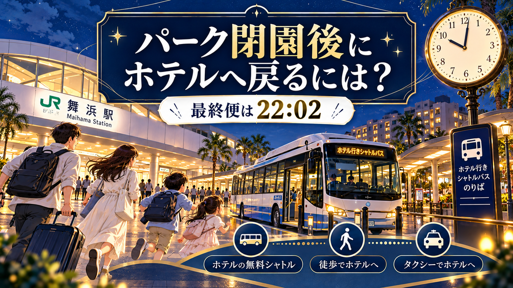 変なホテル舞浜 東京ベイ：「パーク閉園後にホテルへ戻るには？」の案内イラスト