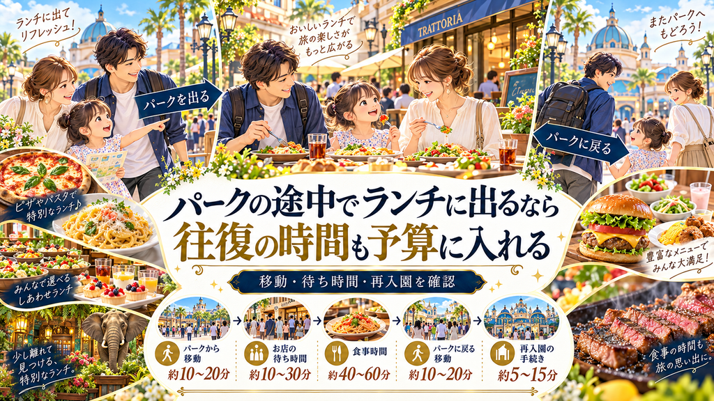 パークからランチに出る際の往復時間を確認する図解