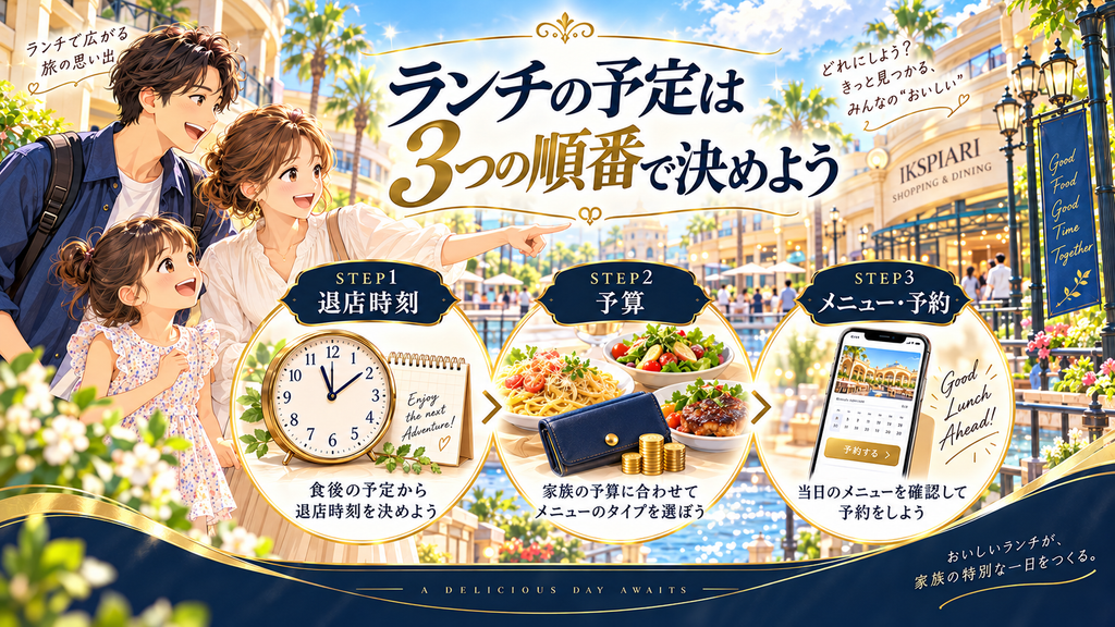 時間・料理・場所の順にランチの予定を決める図解