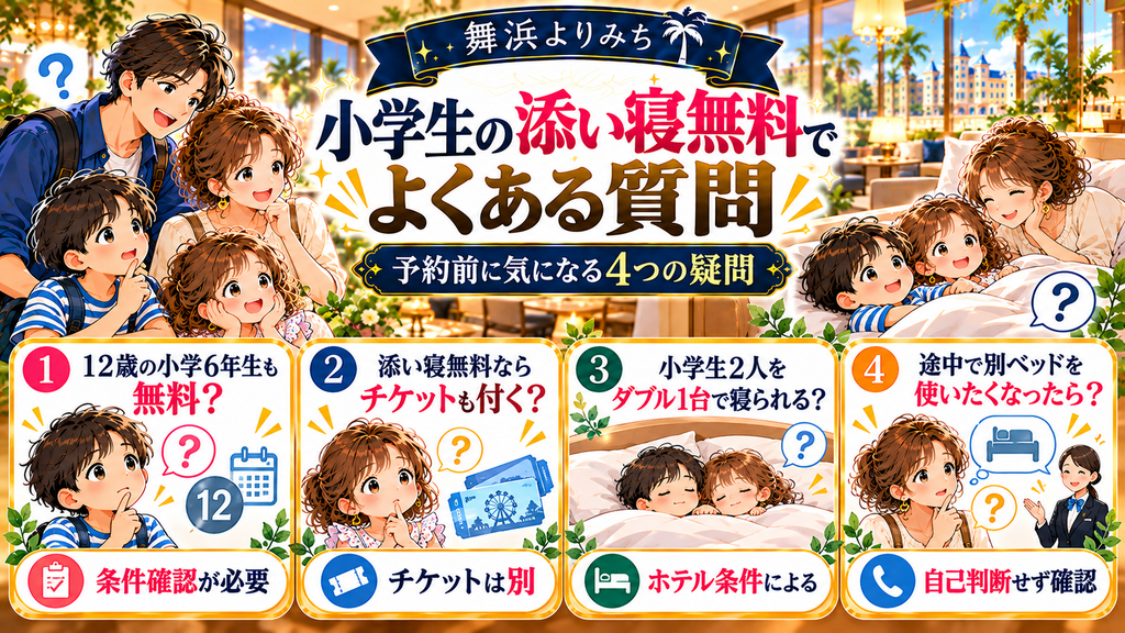 ディズニー周辺の小学生添い寝無料ホテル:「小学生の添い寝無料でよくある質問」の案内イラスト