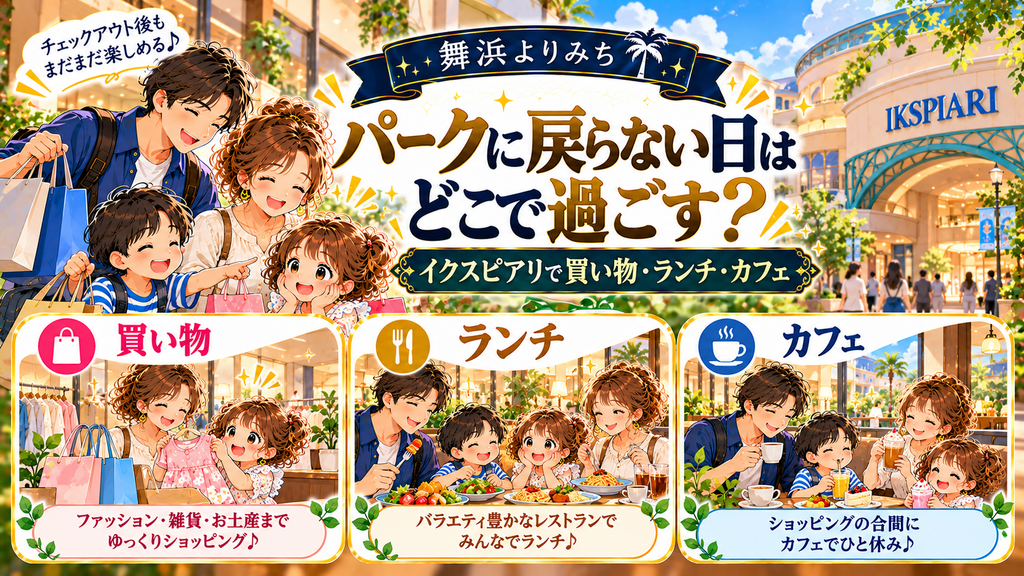 ディズニー後泊の過ごし方:「チェックアウト後、パークに戻らない日はどこで過ごせるのか?」の案内イラスト