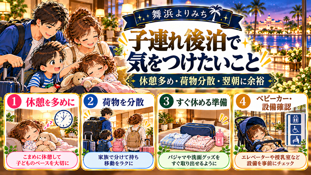 ディズニー後泊の過ごし方:「子連れの後泊で気をつけたいことは何か?」の案内イラスト
