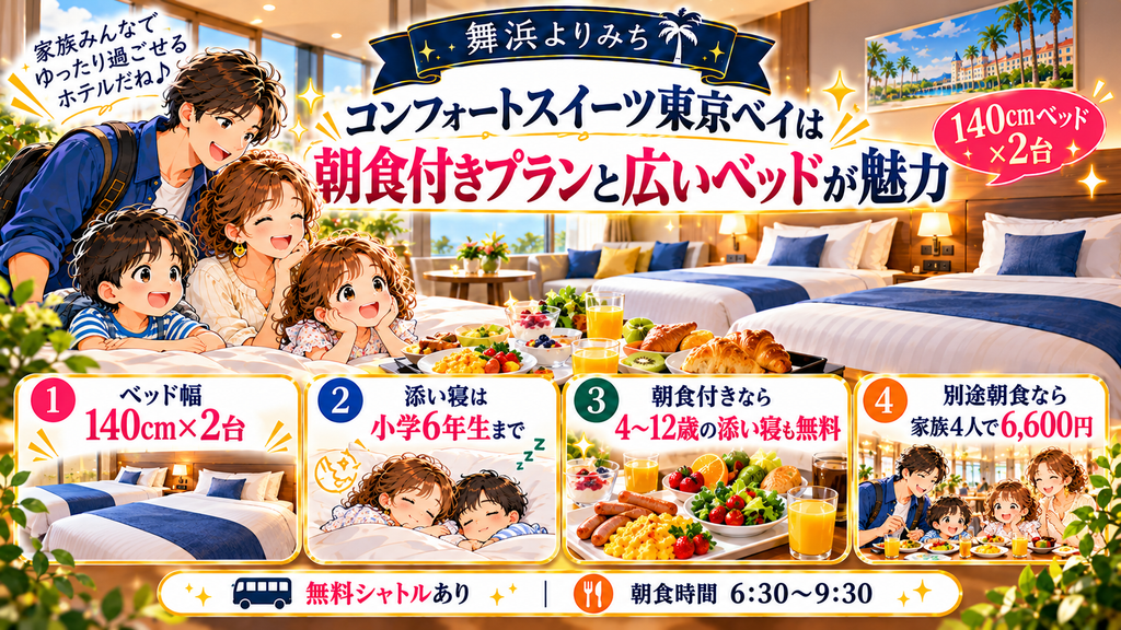 ディズニー周辺の小学生添い寝無料ホテル:「コンフォートスイーツ東京ベイは朝食付きプランと広いベッドが魅力」の案内イラスト