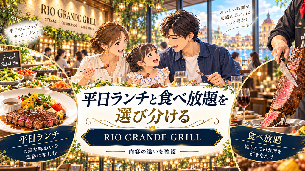 リオグランデグリルでランチを楽しむ家族のイラスト