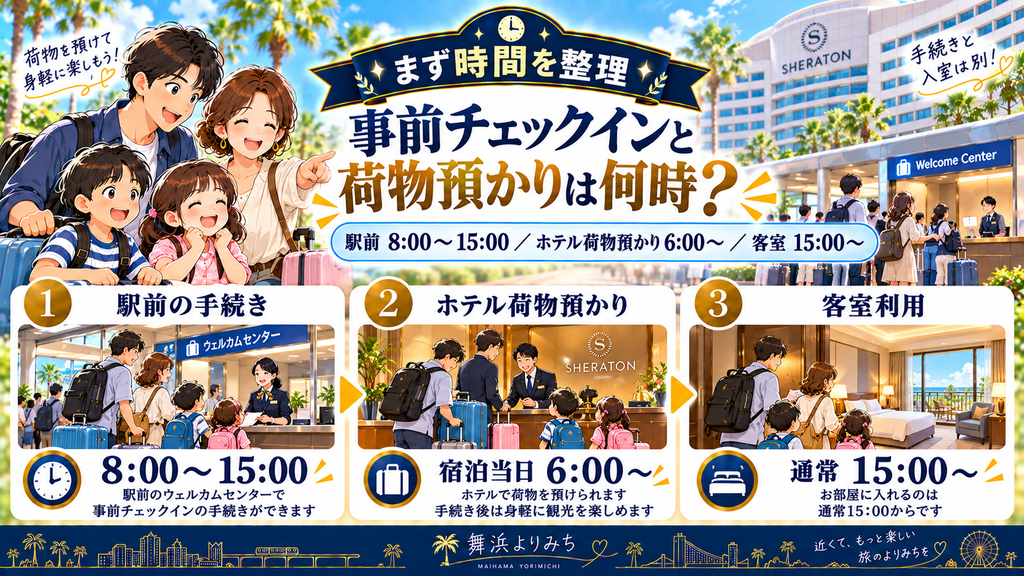 シェラトン・グランデ・トーキョーベイ・ホテル:「シェラトンの事前チェックインと荷物預かりの時間」の案内イラスト