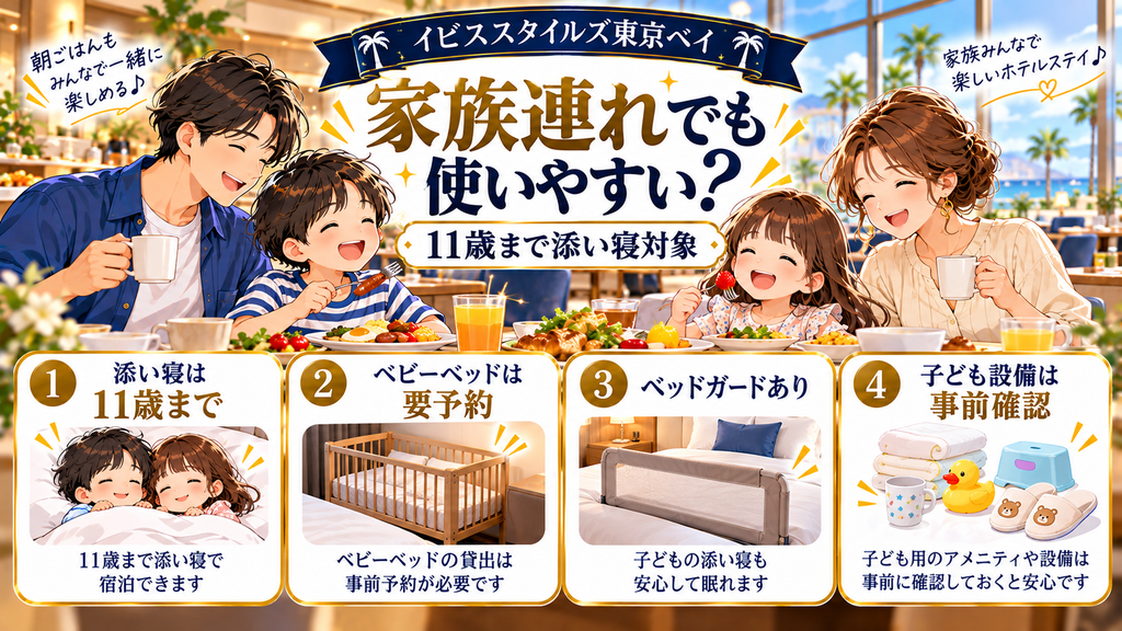 イビススタイルズ東京ベイ：「添い寝の子どもや家族連れでも朝食を楽しめるのか？」の案内イラスト