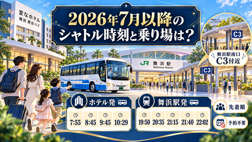 変なホテル舞浜 東京ベイ：「2026年7月以降のシャトル時刻と乗り場は？」の案内イラスト