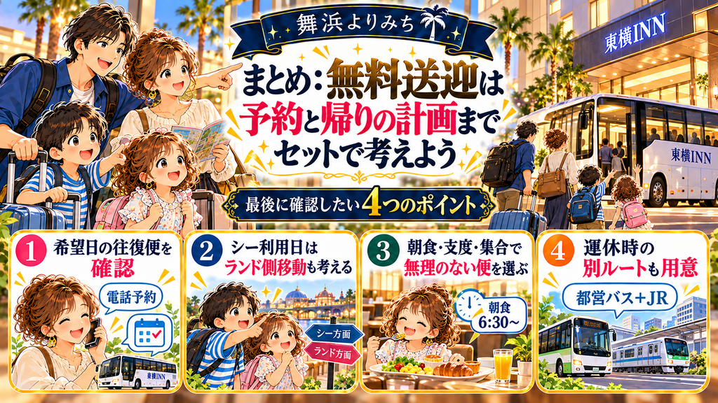 東横INN東西線西葛西:「まとめ:無料送迎は予約と帰りの計画までセットで考えよう」の案内イラスト