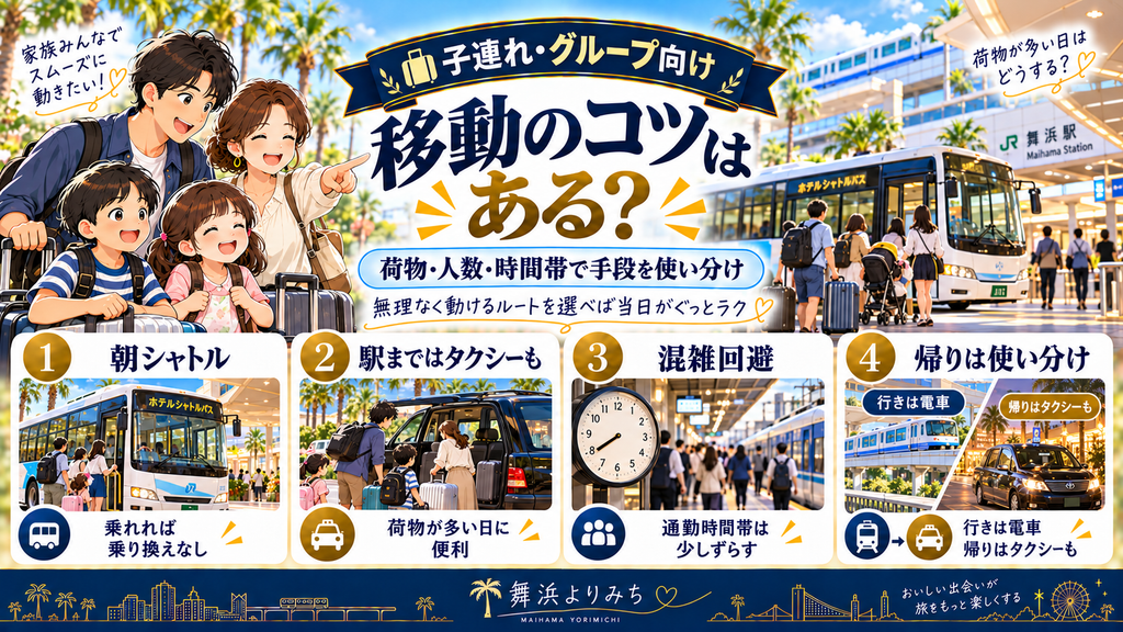 フレックステイイン新浦安:「子連れ・グループで移動するときの工夫はあるのか?」の案内イラスト