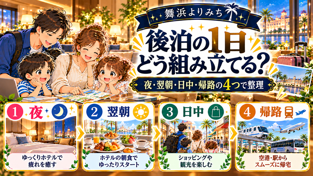 ディズニー後泊の過ごし方:「後泊にした日、何から考えればいいのか分からなくなっていないか?」の案内イラスト