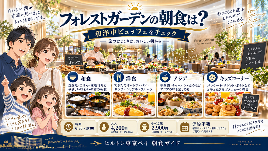 フォレストガーデンの朝食ビュッフェの料理と料金を紹介する図解