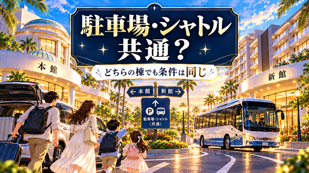 SPA&HOTEL舞浜ユーラシア：「駐車場やシャトルバスは棟によって変わる？」の案内イラスト